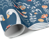 白鳥、魚、花が青い背景。デコラティフ ラッピングペーパー (ロールコーナー)