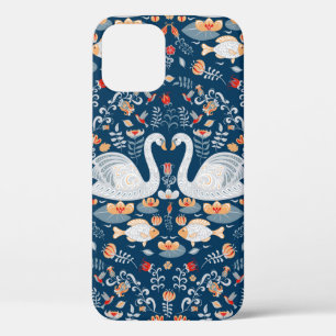 白鳥、魚、花が青い背景。デコラティフ iPhone 12ケース