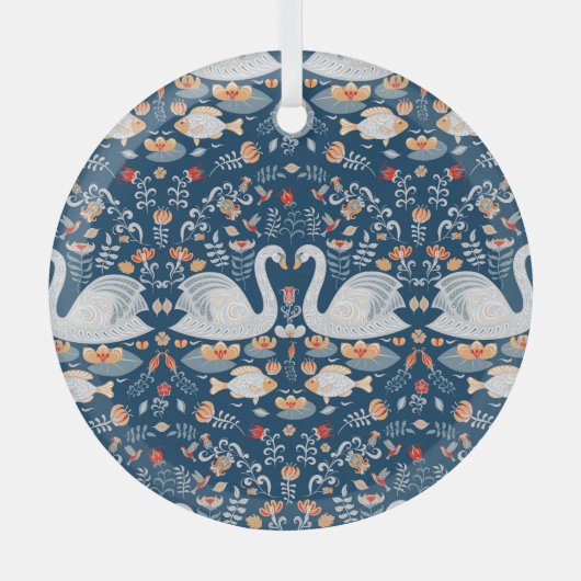 白鳥、魚、花、フォーク模様。 ガラスオーナメント (正面)