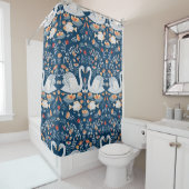 白鳥、魚、花、フォーク模様。 シャワーカーテン (インサイチュ)