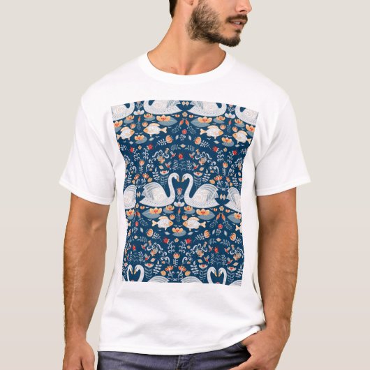 白鳥、魚、花、フォーク模様。 Tシャツ (正面)