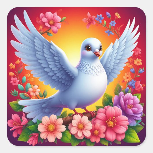 🕊️ 白鳩フラワーステッカー 平和な鳥のアート スクエアシール (正面)