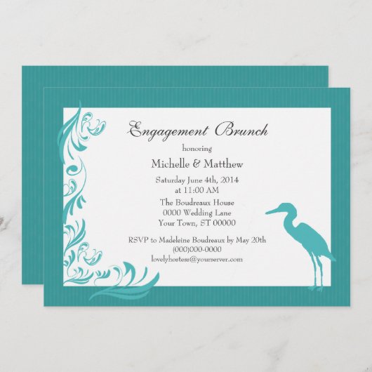 白鷺/鷲のティール(緑がかった色)の婚約のブランチ 招待状 (正面/裏面)