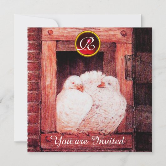 白鸽栖息在红色窗台上的宝石婚礼字母标志 招待状 (正面)