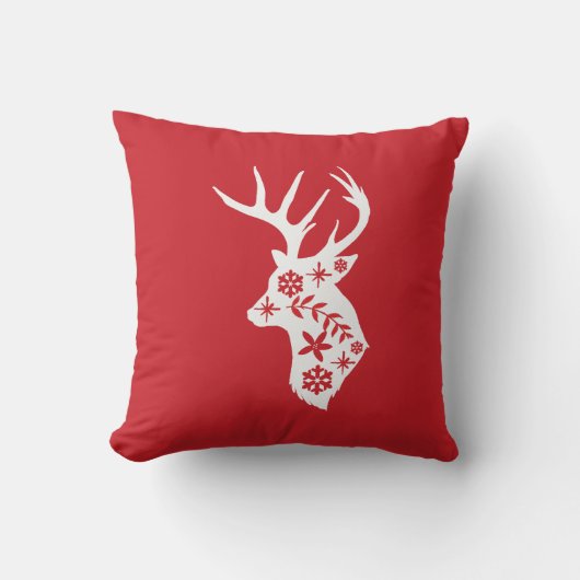 白鹿の赤いクリスマスピロー クッション (正面)