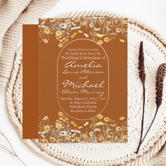 白黄色ワイルドフラワー テラコッタ ウェディング 招待状