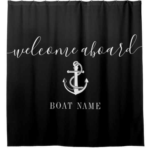 白黒いかりボート名ウェルカムクオンボード シャワーカーテン (正面)