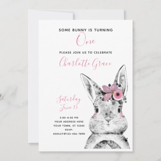 白黒いくつかのバニーが1つの誕生日を回している 招待状 (正面)