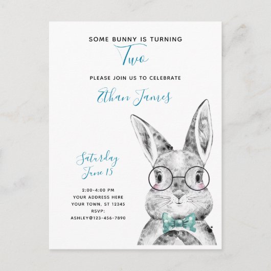 白黒いくつかのバニーが2つの誕生日を回している インビテーションポストカード (正面)