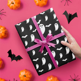 白黒おもしろいハロウィーン幽霊&こうもりパターン ラッピングペーパー