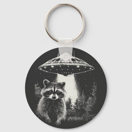 白黒おもしろい宇宙ラクーンUFO キーホルダー (正面)