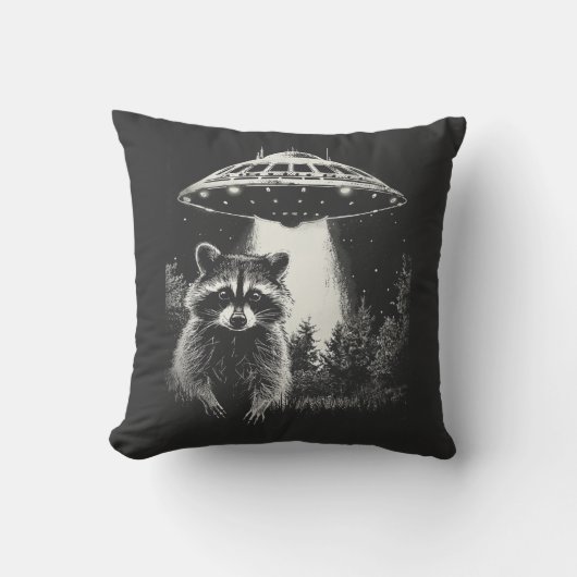 白黒おもしろい宇宙ラクーンUFO クッション (正面)