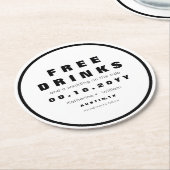 白黒おもしろい無料ドリンクの日付を保存 ラウンドペーパーコースター (アングル)