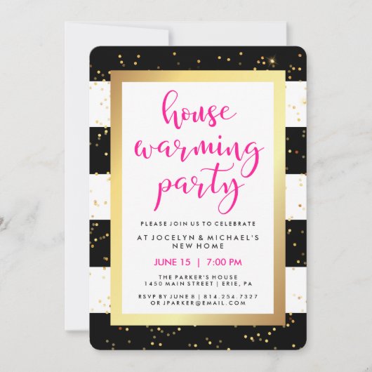 白黒およびのどの金ゴールドの引っ越し祝いパーティーのパーティー 招待状 (正面)