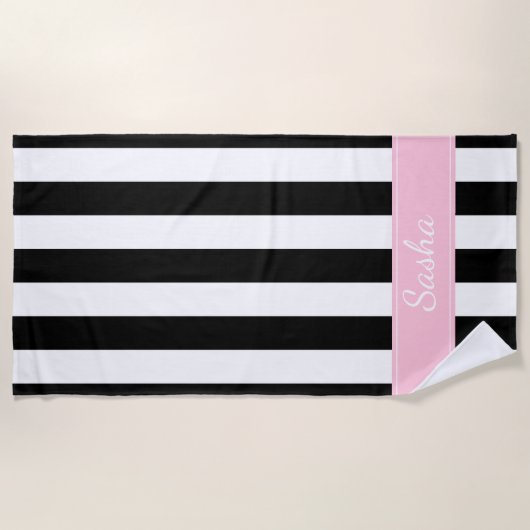 白黒およびピンクのストライプのなビーチタオル ビーチタオル (正面)
