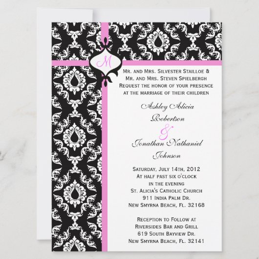 白黒およびピンクの結婚式の招待! 招待状 (正面)