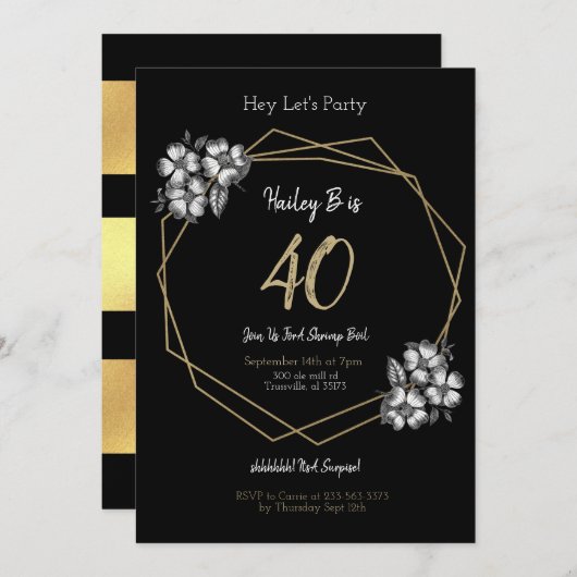白黒および金ゴールドヴィンテージフローラ40th Day 招待状 (正面/裏面)
