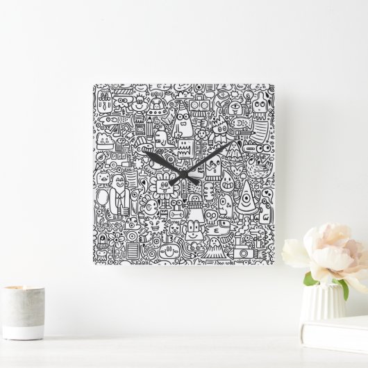 「白黒お洒落のドードル時計 スクエア壁時計 (ホーム)