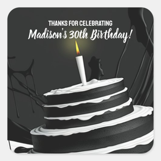白黒お洒落ケーキテーマ誕生日パーティー スクエアシール (正面)