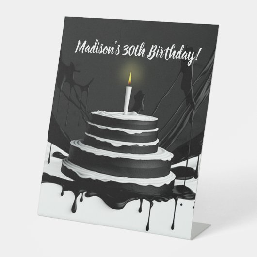 白黒お洒落ケーキテーマ誕生日パーティー 台座サイン (正面)