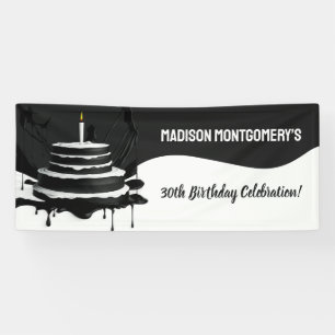 白黒お洒落テーマケーキ誕生日パーティー 横断幕