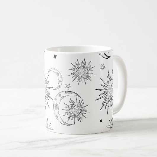 白黒お洒落太陽の月と星 コーヒーマグカップ (正面右)