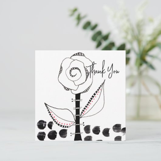 白黒お洒落花の編集可能 サンキューカード (スタンド正面)