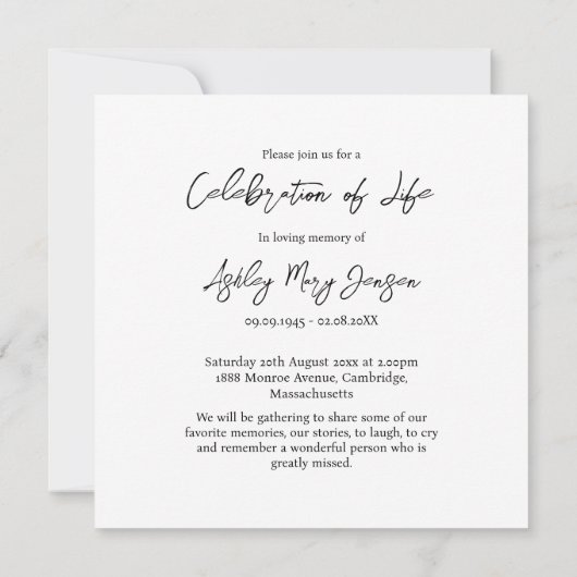 白黒お祝いの写真の葬儀 招待状 (裏面)