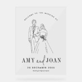 白黒かわいいカップルのミニマル結婚リスト アクリルサイン (正面)