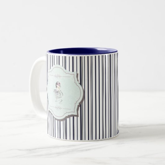 白黒かわいいガーリー美しいストライプ ツートーンマグカップ (正面左)