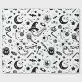白黒かわいいハロウィーンラインアート ラッピングペーパー (フラット)