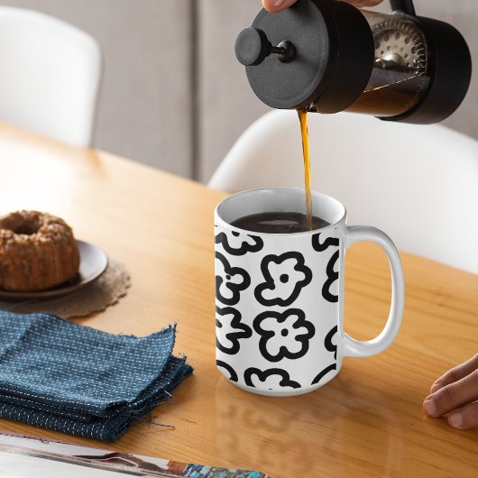 白黒かわいいモダンフローラスケッチ コーヒーマグカップ