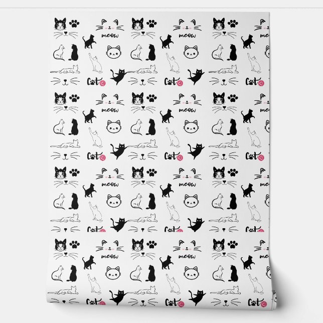 白黒かわいい猫と手足のイラスト 壁紙 (ほどく)