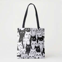 白黒かわいい猫ドードルトートバッグスタイリッシュ- トートバッグ
