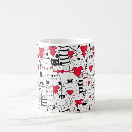 白黒かわいい猫赤いハート コーヒーマグカップ (中央)