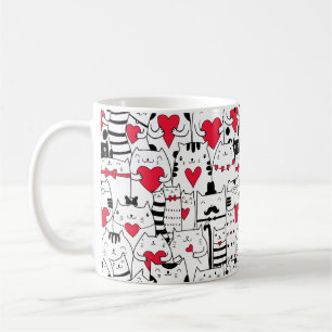 白黒かわいい猫赤いハート コーヒーマグカップ