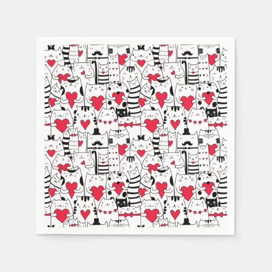 白黒かわいい猫赤いハート スタンダードカクテルナプキン (正面)