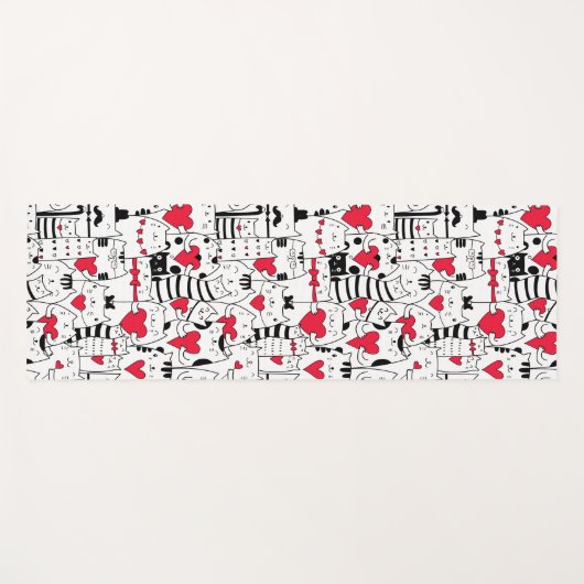 白黒かわいい猫赤いハート ヨガマット (正面(横))