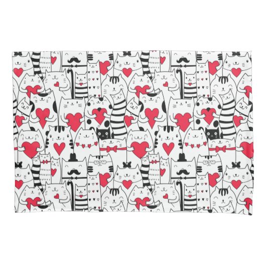 白黒かわいい猫赤いハート 枕カバー (正面)