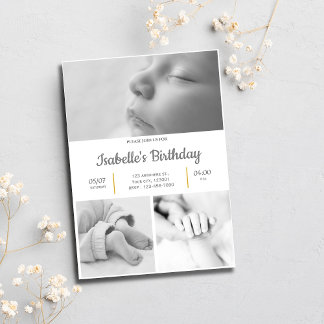 白黒かわいい1歳の誕生日パーティの招待状 招待状