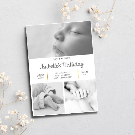 白黒かわいい1歳の誕生日パーティの招待状 招待状