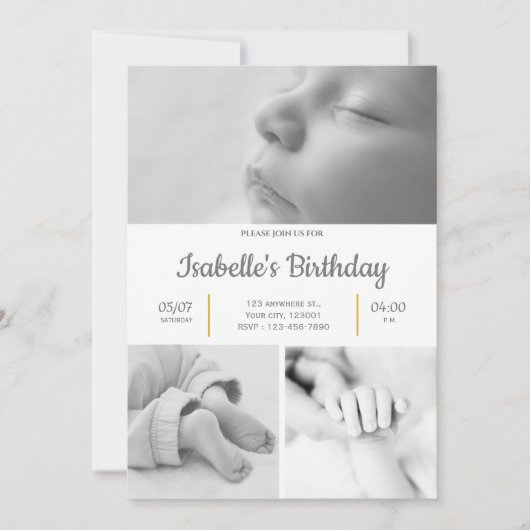 白黒かわいい1歳の誕生日パーティの招待状 招待状 (正面)