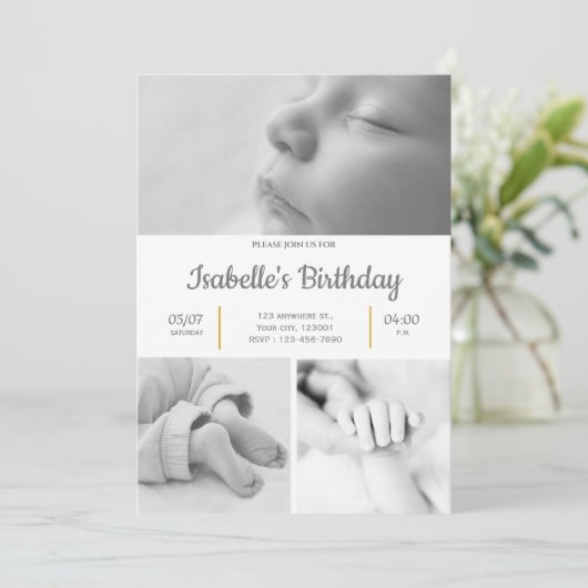 白黒かわいい1歳の誕生日パーティの招待状 招待状 (スタンド正面)