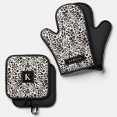 白黒かわいらしフローラモノグラム名 鍋つかみ&鍋敷きセット (正面/裏面)