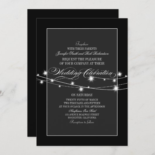 白黒きらめきはモダンな結婚式をつけます 招待状 (正面/裏面)