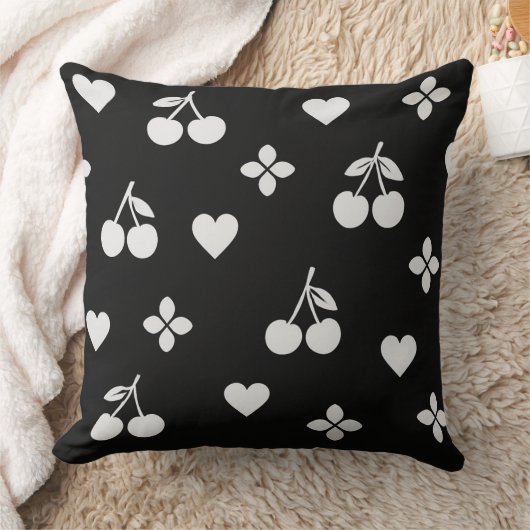 白黒さくらんぼハート装飾用クッション クッション (ブランケット)