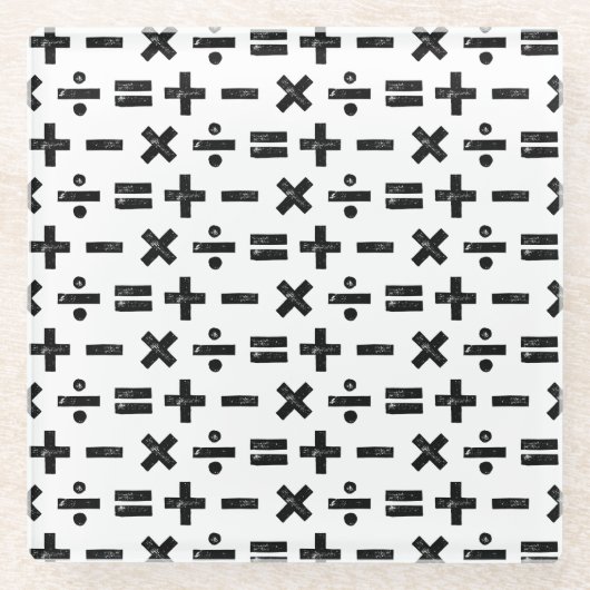 白黒すべての数学記号Lino Cut ガラスコースター (正面)