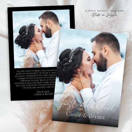 白黒たった今結婚しましたエレガントなウェディングフォト 案内状