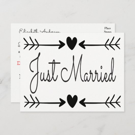 白黒たった今結婚しましたハート矢印結婚の 案内ポストカード (正面/裏面)