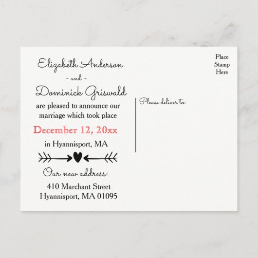 白黒たった今結婚しましたハート矢印結婚の 案内ポストカード (裏面)